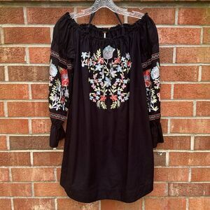 Free People Fleur Du Jour Embroidered Floral Shift Mini Dress Black Sz Medium